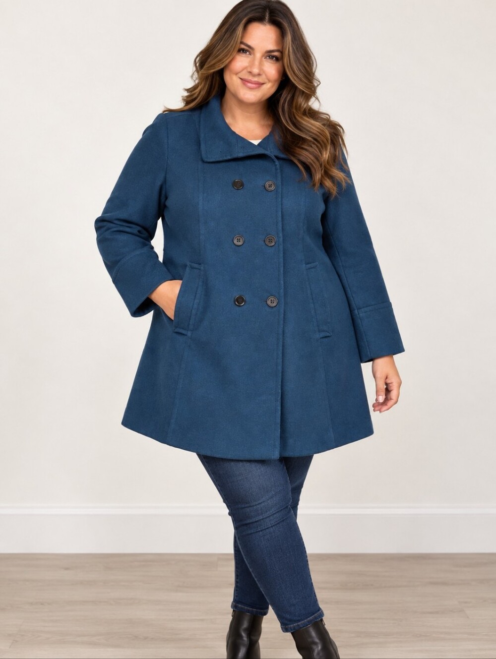 INTL Details Double Breasted A-Line Pea Coat Plus Size 1X Indigo Blue